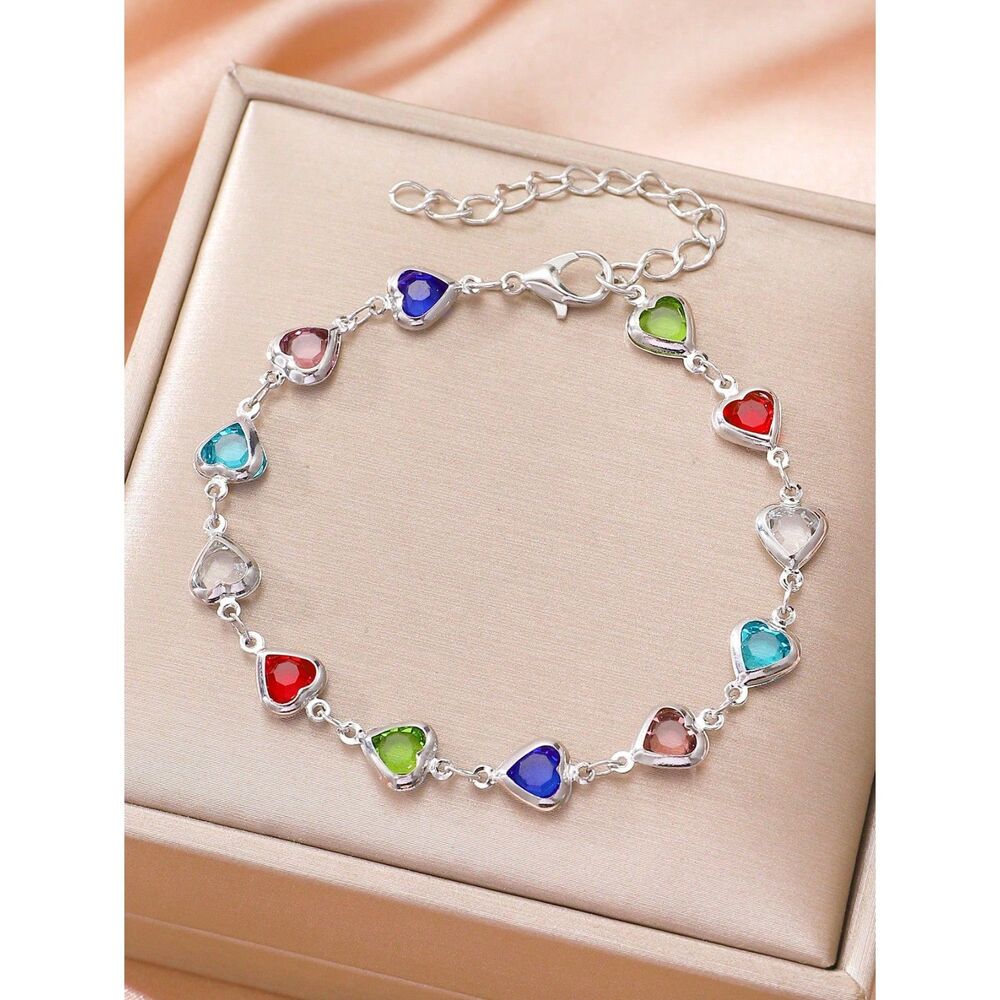 Colorful Heart Cubic Zirconia Silver Bracelet Multi Crystal Adjustable Gemstone